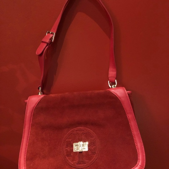 COPY - Red leather and suede Tory Burch clip twist bag. - Picture 2 of 6
